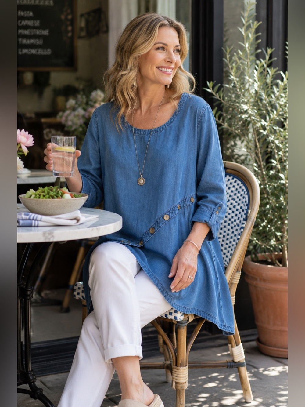 Soft Surroundings 1X Chambray Tencel Tunic Boho Button Detail Top